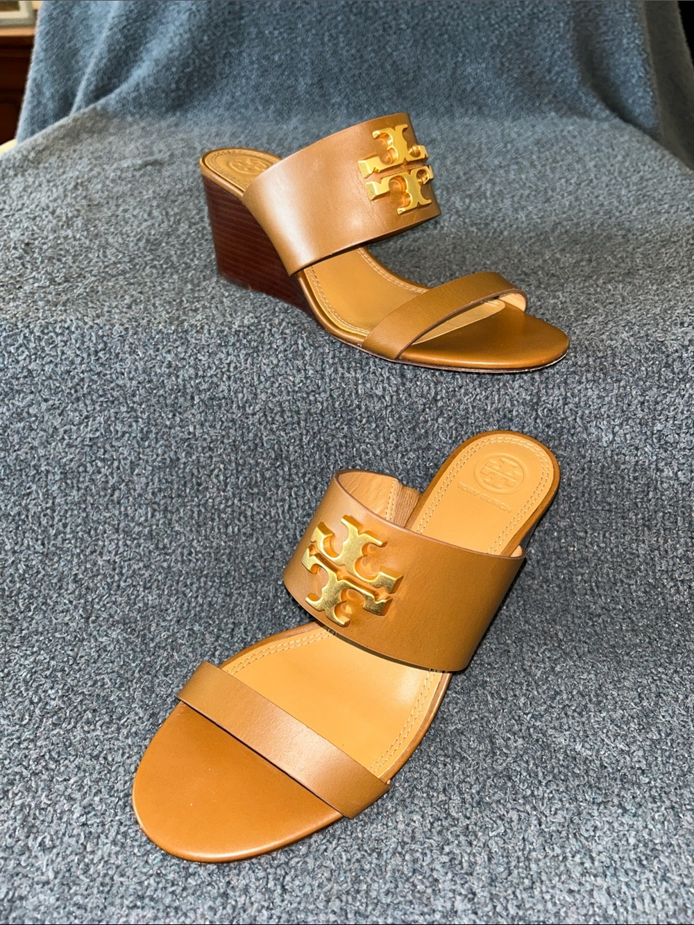 Tory Burch Tan Leather Wedge Slide Sandals with Gold Logo